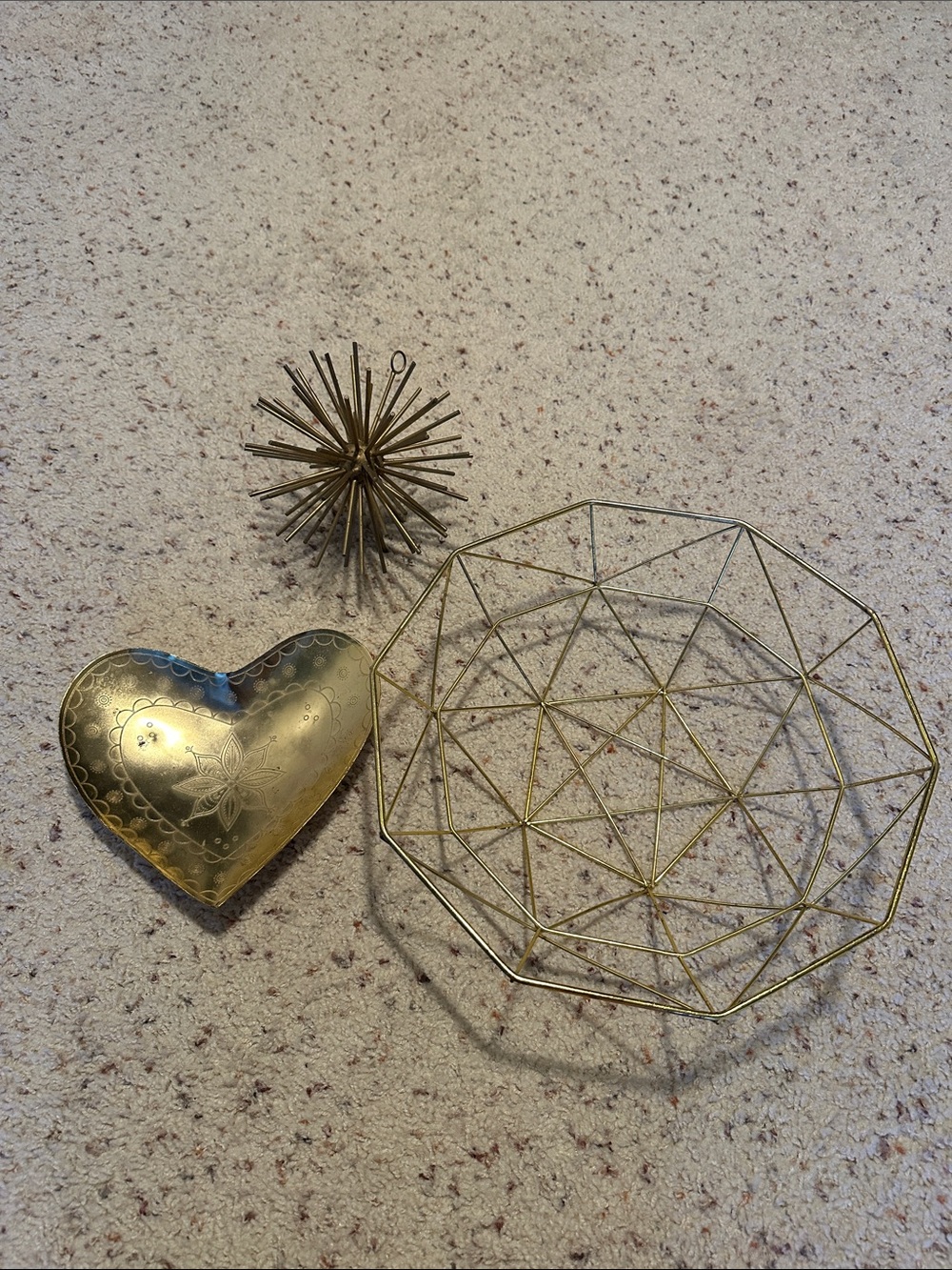 Decorative Gold Metal Geometric Bowl and Heart Tray Set
